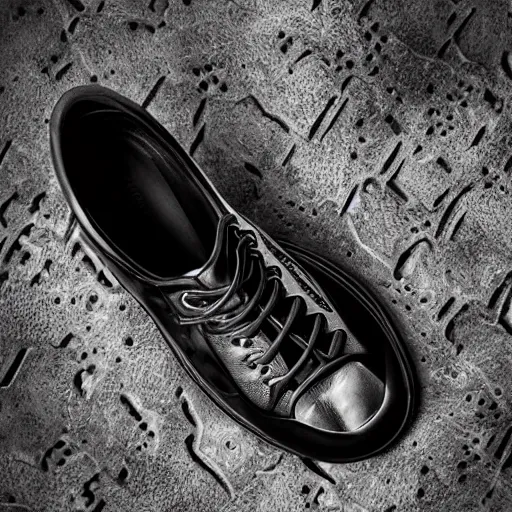 Image similar to marketing photography of a pair of fashion sneakers designed by HR Giger, dark ambient, fashionable, cool looking, evil,