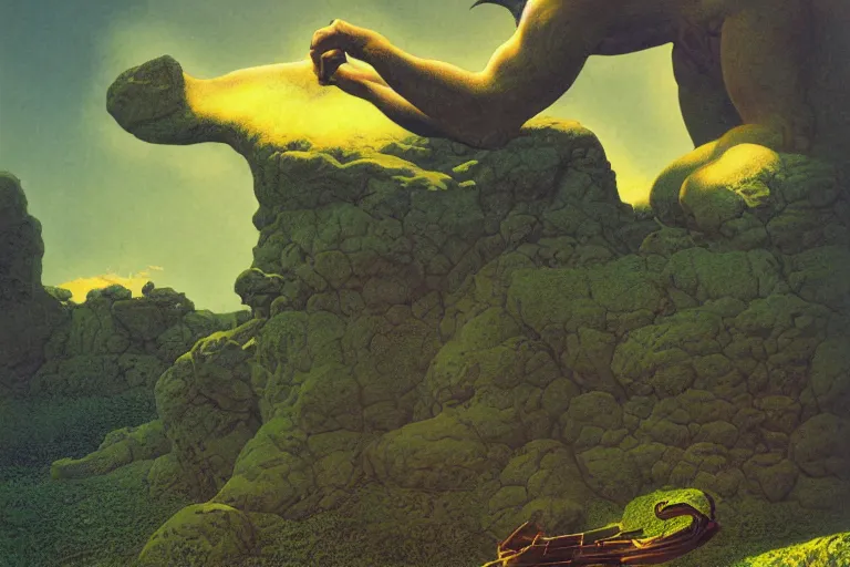 Image similar to fafnir, digital painting by maxfield parrish and michael whelan, photorealistic