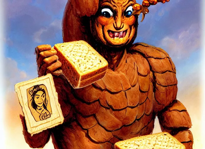 Image similar to a character made entirely out of bread giving a speech at a podium and wearing royal clothing, by marco bucci and frank frazetta, magic : the gathering fantasy concept art, high resolution. there is an audience of bread - people - hybrids in the background, fantasy coloring, intricate, digital painting, artstation, smooth, sharp focus