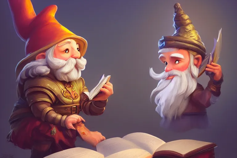 Image similar to legendary elegant gnome merchant reading book,, highly detailed, d & d, fantasy, highly detailed, digital painting, trending on artstation, concept art, sharp focus, illustration, global illumination, ray tracing, realistic shaded, art by artgerm and greg rutkowski and fuji choko and viktoria gavrilenko and hoang lap