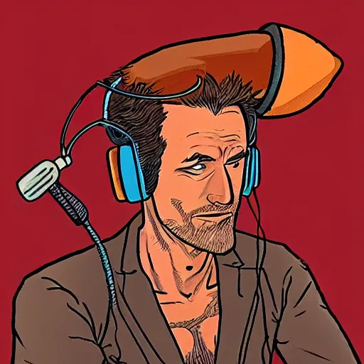 Image similar to drawn in the style of jean giraud!! rackham the red wearing headphones and speaking into big microphone, podcast studio