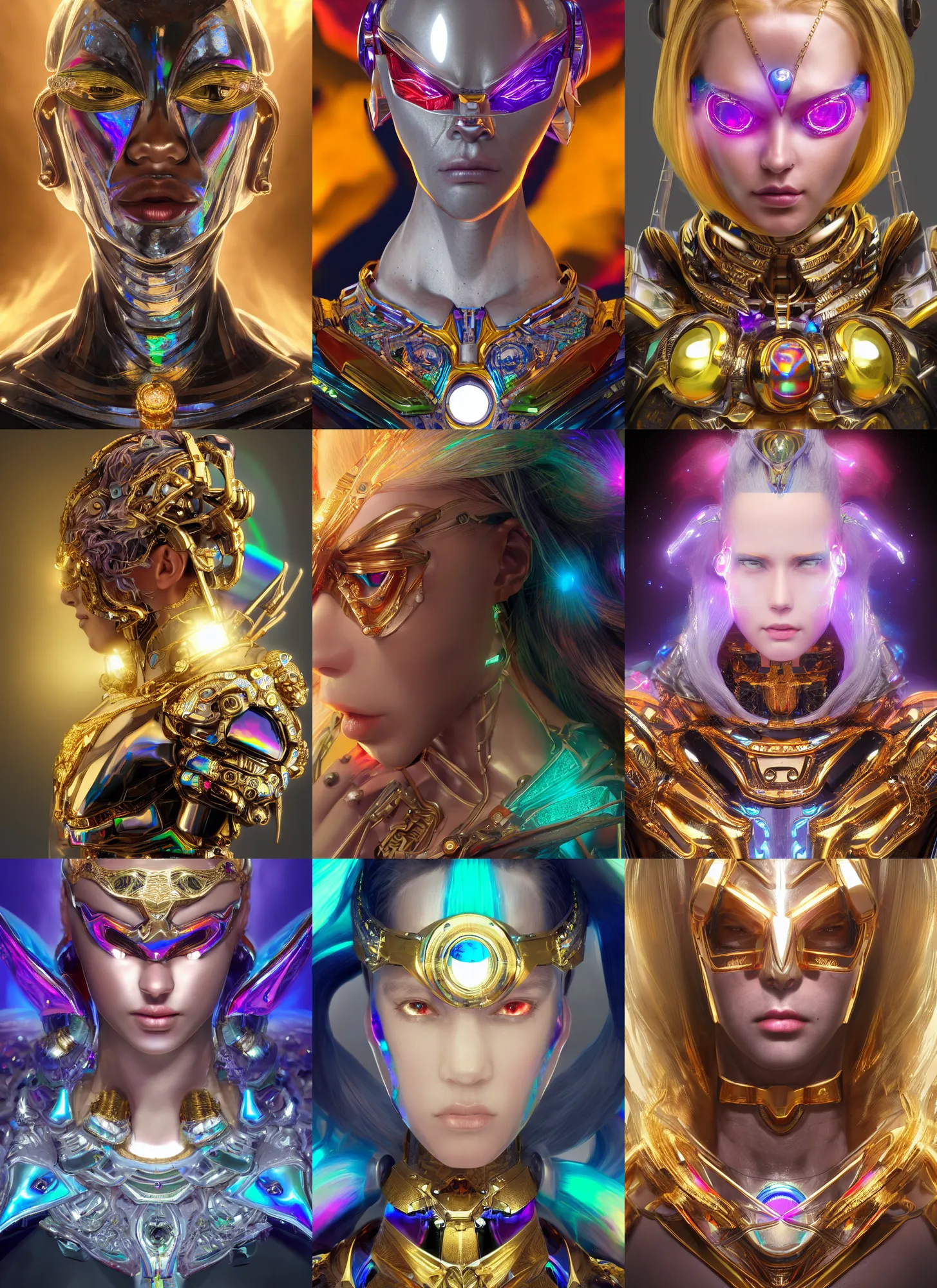 Prompt: angle profile portrait, hyperdetailed stunningly cyclops cyborg made of iridescent metals and shiny gems, ethereal rainbow nimbus, golden necklace, noble perfect inspired by ross tran and wlop and masamune shirow and kuvshinov, concept art, intricate, highly detailed, photorealistic, octane render, 8 k, huang guangjian, cgsociety