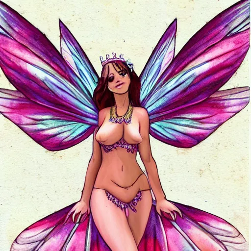 Image similar to very very very beautiful fairy princess with fairy wings, bare midriff, one foot raised off the ground, full body portrait, eye contact, smiling, flirty, perfect face, perfect body, drawn by keith garvey