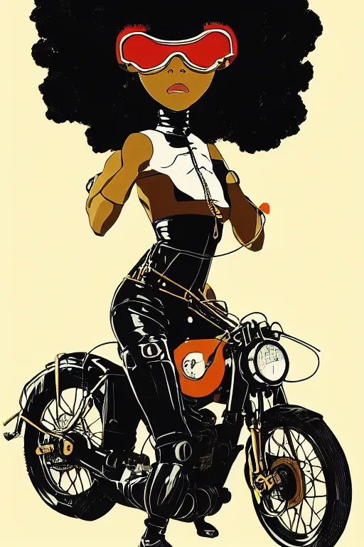 Prompt: black woman with goggles riding motorbike, afro hair, clean lines, bold outline, golden ratio, cowboy bebop, pop art, graphic, ilya kuvshinov, jamie hewlett, yoji shinkawa, muted colors, beautiful detailed illustration, 17th century oil painting, flat colors, studio ghibli, cel shading,