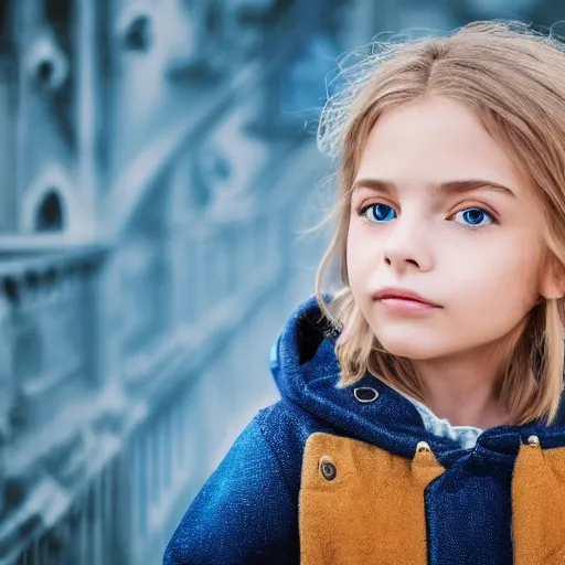 Image similar to a little portuguese girl with white - fair!!!!! skin, dirty blonde hair and blue eyes, wearing a disney land coat and blue jeans, 4 k, 8 k, photorealistic facial features