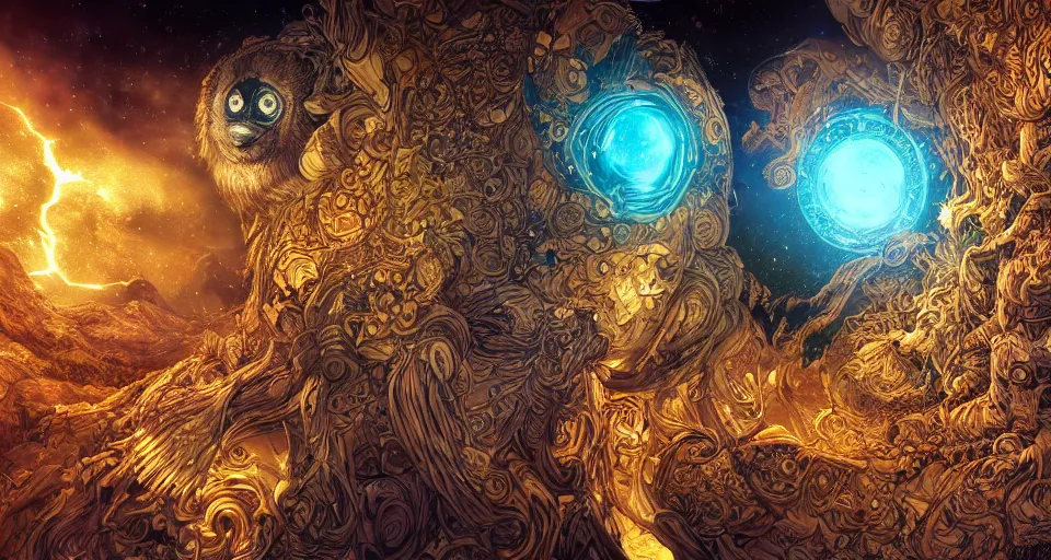 Image similar to the portrait of a smiling golden owl in the depths of the universe, an ultrafine hyperdetailed illustration by kim jung gi, irakli nadar, intricate linework, bright colors, octopath traveler, final fantasy, unreal engine 5 highly rendered, global illumination, radiant light, detailed and intricate environment, - h 1 0 2 4