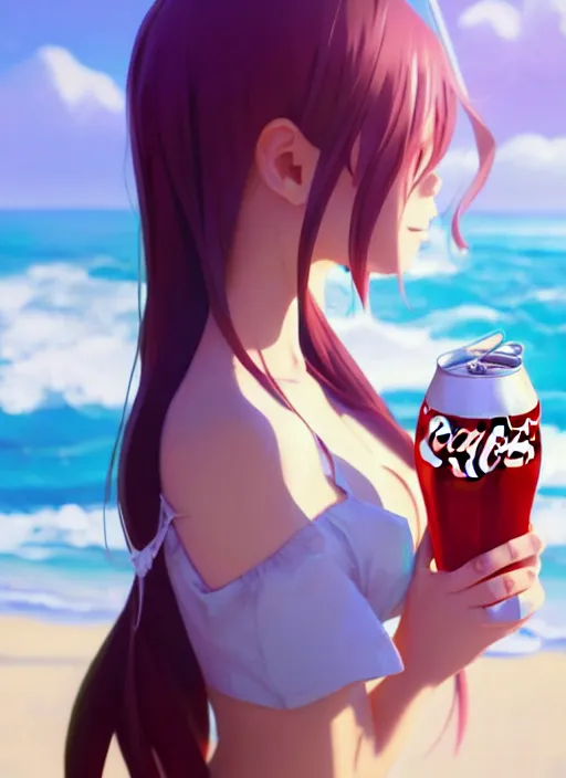 Image similar to full body picture of a extremely beautiful and attractive and cute and aesthetic girl drinking a coke, highly detailed face, very thirsty, dripping on the body, sharp focus, shiny day on the beach, specular reflection, occlusion shadow, trending on artstation, epic light novel cover art, art by ilya kuvshinov and sakimichan and jeremy lipking