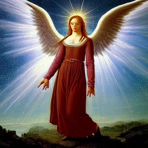 Image similar to renaissance hyper realistic painting of white angel!!! beautiful face, no gender!!!, miracle light coming overhead!!, a lot of stars overhead!!!, fire around the head!, by caspar david friedrich, misty space, sfumato, christianity, holography, glow effect, large strokes, soft shadow and light, highdetailed, white background