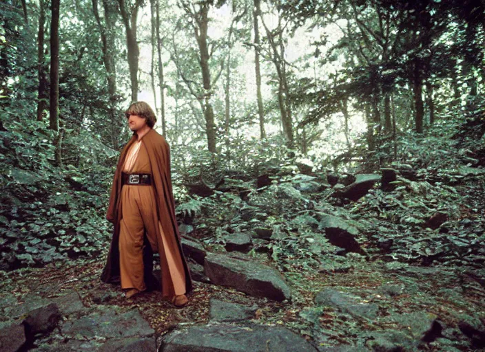 Prompt: luke skywalker at the new jedi temple school jungle. Photographed with Leica Summilux-M 24 mm lens, ISO 100, f/8, Portra 400