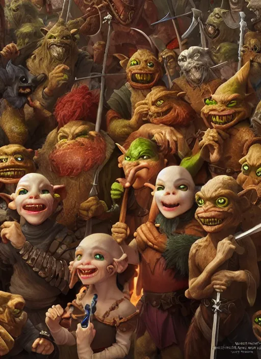 Image similar to highly detailed closeup group portrait of medieval goblins having a party, stephen bliss, unreal engine, greg rutkowski, ilya kuvshinov, ross draws, hyung tae and frank frazetta, tom bagshaw, tom whalen, nicoletta ceccoli, mark ryden, earl norem, global illumination, god rays, detailed and intricate environment