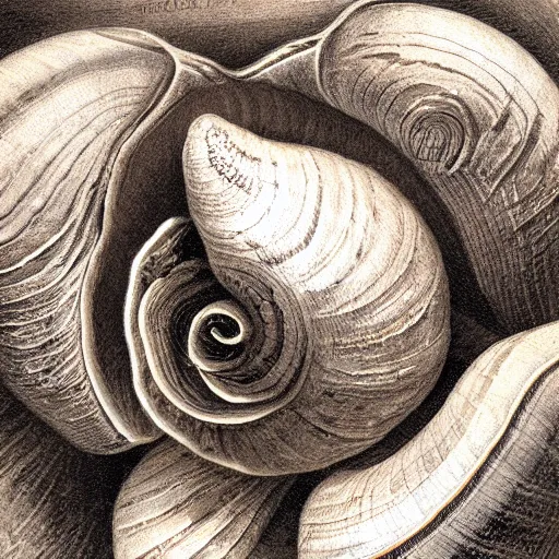 Image similar to snails in their shell by Hamid Savkuev, close-up, botanical illustration