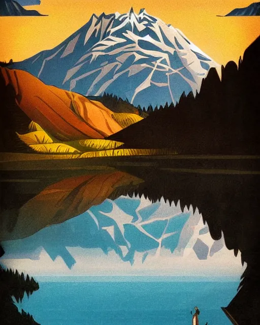 Prompt: art deco illustration of a peaceful beautiful lake, beautiful snowcapped mountain in background, epic sky, artstation, deviantart, pinterest, 5 0 0 px models