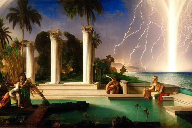 Prompt: mediterranean balustrade and palace columns, refracted lightnings on the ocean, thunderstorm, fountain, greek pool, beach and Tropical vegetation on the background major arcana sky and occult symbols, by paul delaroche, hyperrealistic 4k uhd, award-winning, very detailed paradise