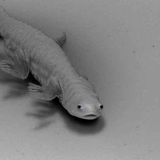 Image similar to giant mutant axolotl escaping from a secret government lab, black and white, leaked cctv footage