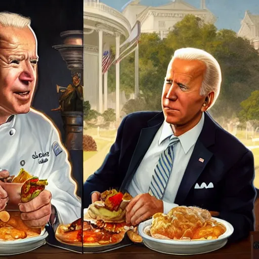 Prompt: Joe Biden and an obese chef eating together unhealthy food at the white house, highly detailed, digital painting, artstation, concept art, sharp focus, illustration, art by artgerm and greg rutkowski and alphonse mucha and Norman Rockwell