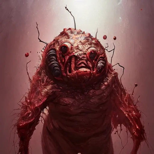 Prompt: scifi art by Greg Rutkowski, hideous monster made of twisted human flesh and reddish ooze, lumpy bloated upper body with elongated and sharp limbs, small head like a ball with two empty holes for eyes, only human beings are its legs, vicious appearance, scifi, space horror, digital painting, artstation, concept art, smooth, sharp foccus ilustration, Artstation HQ.