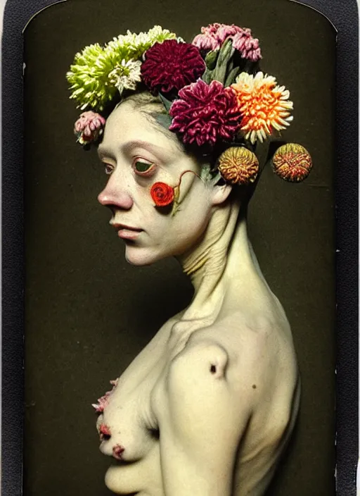 Prompt: beautiful and detailed rotten woman made of plants and carnation, chrysanthemum, tulips, muscles, intricate, organs, ornate, surreal, john constable, guy denning, gustave courbet, caravaggio, romero ressendi 1 9 1 0 polaroid photo