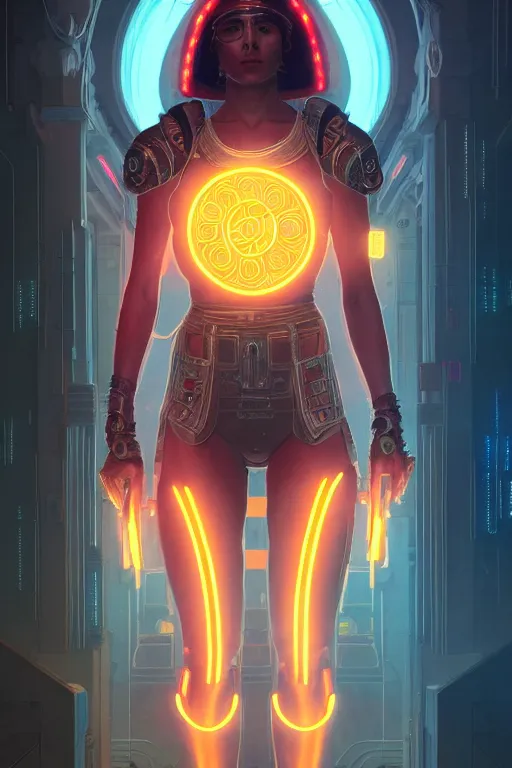 Image similar to ancient rome citizen in the cyberpunk style, realistic portrait full body, neon glow, symmetrical, highly detailed, digital painting, artstation, concept art, smooth, sharp focus, illustration, cinematic lighting, art by artgerm and greg rutkowski and alphonse mucha