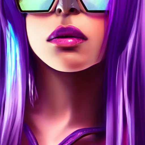 Image similar to closeup painting of a very beautiful young mexican cyberpunk woman with a smirk, wearing light blue venetian blind shades and a purple coloured leather jacket, one side haircut, long brown hair with light blue ends, portrait, hyperdetailed, artstation, cgsociety, 8 k, synthwave!!! image