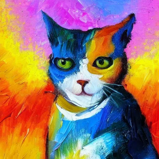 Prompt: palette knife oil painting of a cat sitting on a rainbow