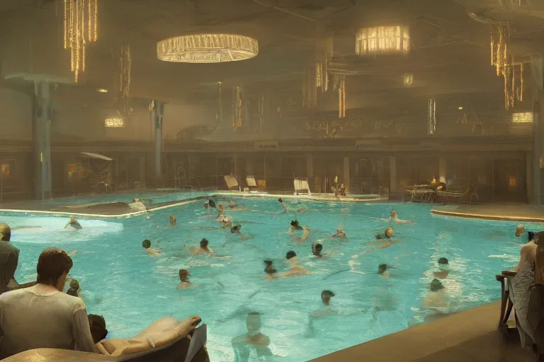 Image similar to 1920's art deco indoor pool scene, by Craig Mullins, in the style of blade runner, octane render, unreal engine render, 8k post-processing highly detailed, soft lighting,