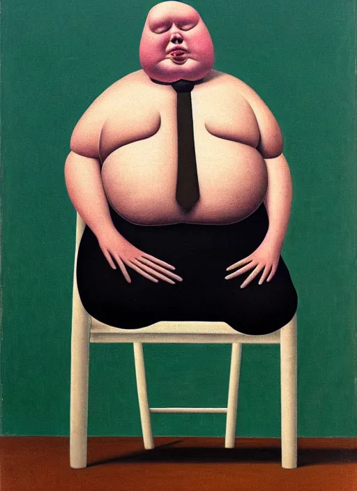 Image similar to fat man sitting on chair, sweat, fat, frustrated, art by gertrude abercrombie