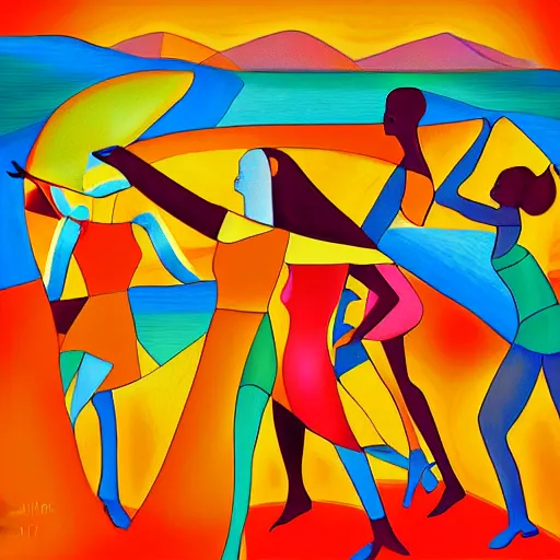 Prompt: the women gathered by the river to dance as the sun set , high quality digital art in the style of cubism and georgia o’ keefe,