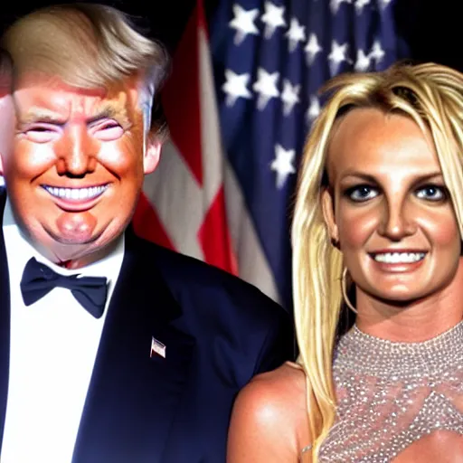 Prompt: a photo of Donald Trump and Britney Spears waving