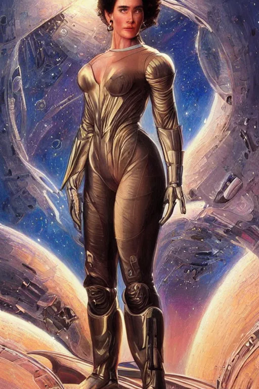 Image similar to Jennifer Connelly as a stunning , beautiful retro SCI-FI space heroine 1985 , intricate, elegant, highly detailed, centered, digital painting, trending on artstation, concept art, smooth, sharp focus, illustration, art by artgerm and donato giancola and Joseph Christian Leyendecker, Ross Tran, WLOP