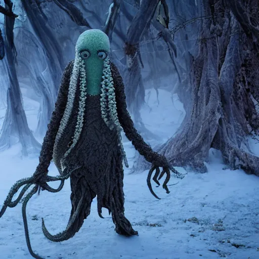 Image similar to an ethereal live action muppet wraith like figure with a squid like parasite latched onto its head and four long tentacle arms that flow lazily but gracefully at its sides like a cloak while it floats around a frozen rocky tundra in the snow searching for lost souls and that hides amongst the shadows in the trees, this character has hydrokinesis and electrokinesis is a real muppet by sesame street, photo realistic, real, realistic, felt, stopmotion, photography, sesame street