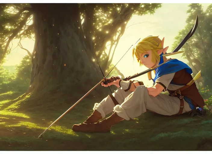 Image similar to cinematic full anime portrait of link from zelda resting with his bow at his tent. intricate, elegant, highly detailed, digital art, artstation, concept art, smooth, sharp focus, illustration, by stanley artgerm, greg rutkowski, studio ghibli, alphonse mucha, norman rockwell 8 k