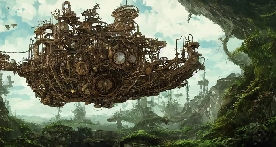 Prompt: broken collided steampunk flying ship taken by ferns and vines, highly detailed, sharp focus, matte painting, by studio ghibli, by giovani magana,