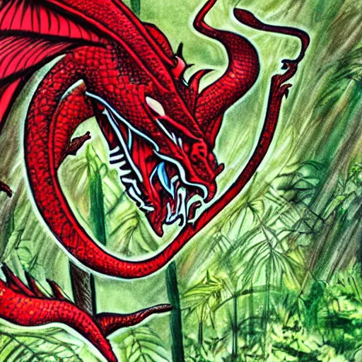 Image similar to a green and red dragon eating in a rain forest