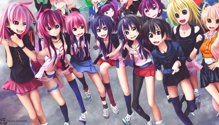 Image similar to group of cute anime characters jumping, colorful outfits, realistic face, detailed face, detailed eyes, short miniskirts, lightly dressed, ultra detailed digital art, hyper real, detailed, group photo, ultra detailed, ground up angle