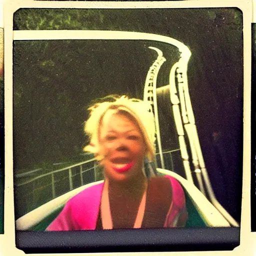 Image similar to black cat on a rollercoaster. the cat is enjoying the ride. sunlight. polaroid photo. saturated colors. selfie