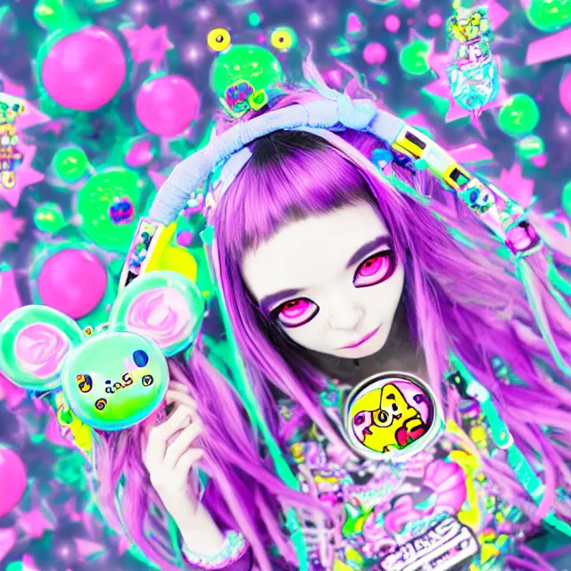 Image similar to cybergoth decora glitchcore yokai girl, sanrio tamagotchi moe ornaments, pastel cute cinematography