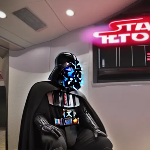 Prompt: (wide angle shot, Darth Vader sits in his TIE Fighter with the window rolled down, at the taco bell drive through, getting his tacos and drink), 8K, 4K, UE5