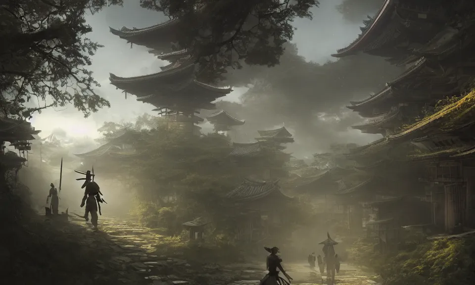 Image similar to Futuristic matte painting of a [samurai warrior] walking through [an abandoned japanese village], volumetric light scattering, highly detailed, digital art, Andreas Rocha, Greg Rutkowski, Darek Zabrocki, ArtStation, CGSociety, Unreal Engine, 4K, 8K