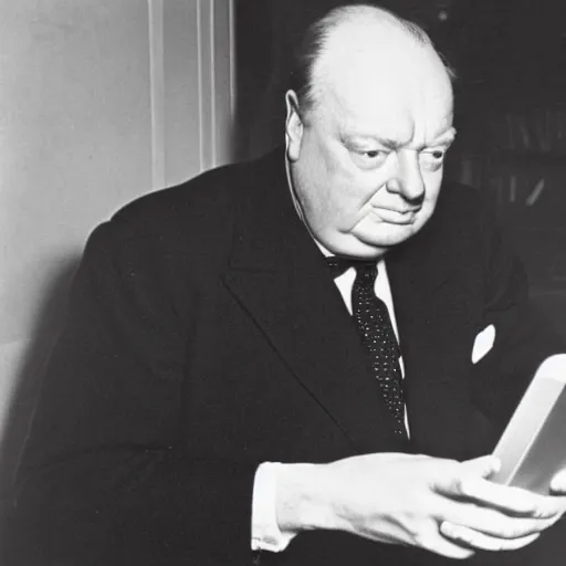 Image similar to A black and white photograph, circa 1940s, of Winston Churchill using a smartphone