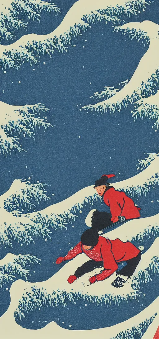 Prompt: man snowboarding leaving tracks woodblock print, style of hokusai, fine art, style of kanagawa, winter painting