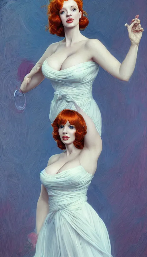 Image similar to Angel, perfectly-centered-painting of young Christina Hendricks in Mad Men in a bride dress, sweaty, dynamic action pose, insane, intricate, highly detailed, digital painting, artstation, concept art, smooth, sharp focus, illustration, Unreal Engine 5, 8K, art by artgerm and greg rutkowski and alphonse mucha