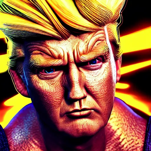 Image similar to photorealistic professional digital art of a highly detailed super sayan trump. accurate trump's face. he flies in the sky preparing a kamehameha. octane render, clear, intricate, highly detailed, unreal engine 5.