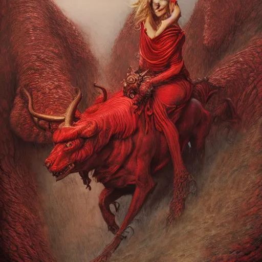 Image similar to a photographic portrait of a scarlet - colored beast with seven ( 7 ) heads and ten ( 1 0 ) horns by gustave dore and stephen hickman and allen williams, trending on artstation, cgsociety, 4 k hd, earthtone colors, a woman riding the back of the beast