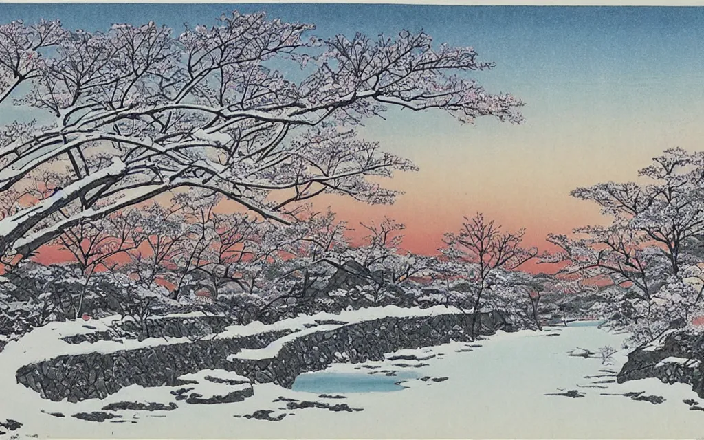 Image similar to 🌅 🌨 ❄⛩. shin - hanga.