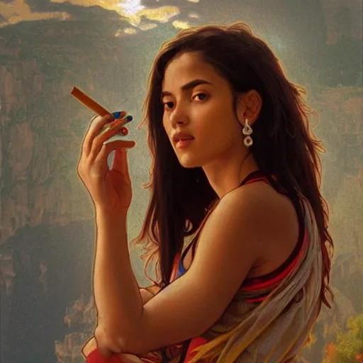 Prompt: artstation concept of a beautiful girl holding cigarette, brown skin, sweaty skin, symmetrical face, casual white garment, brown canyon background, shiny colorful, hyperdetailed, artstation trending, world renowned artists, worth1000.com, historic artworks society, antique renewal, cgsociety, by greg rutkowski, by Alphonse Mucha, Deviantart