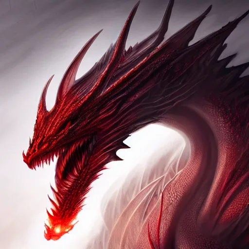 Prompt: head of red fire breathing dragon, reptilian eyes, extremely detailed, 8k, concept art, high fantasy, smoky background by Johannes Voss