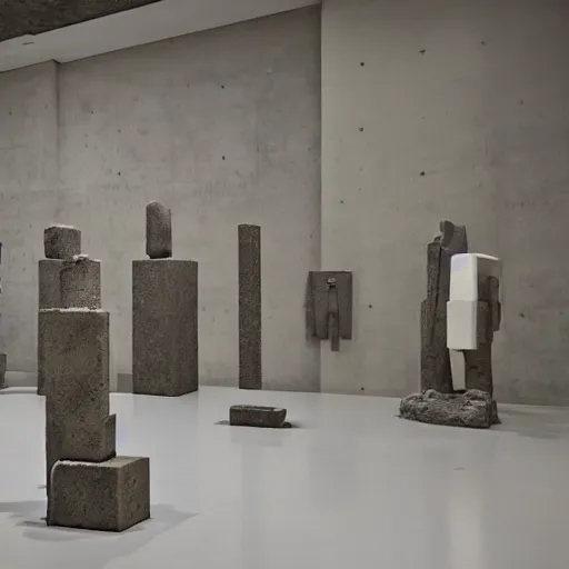 Prompt: sculptures in a brutalist museum