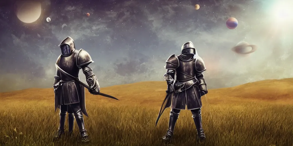 Prompt: medieval fantasy knight standing in a field, many planets in the sky behind him, craters, melancholy tone, composition, extremely detailed,