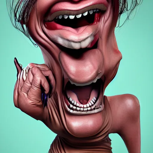 Image similar to caricature of extremely angry mascular wrinkled screaming woman 8k ultra detailed