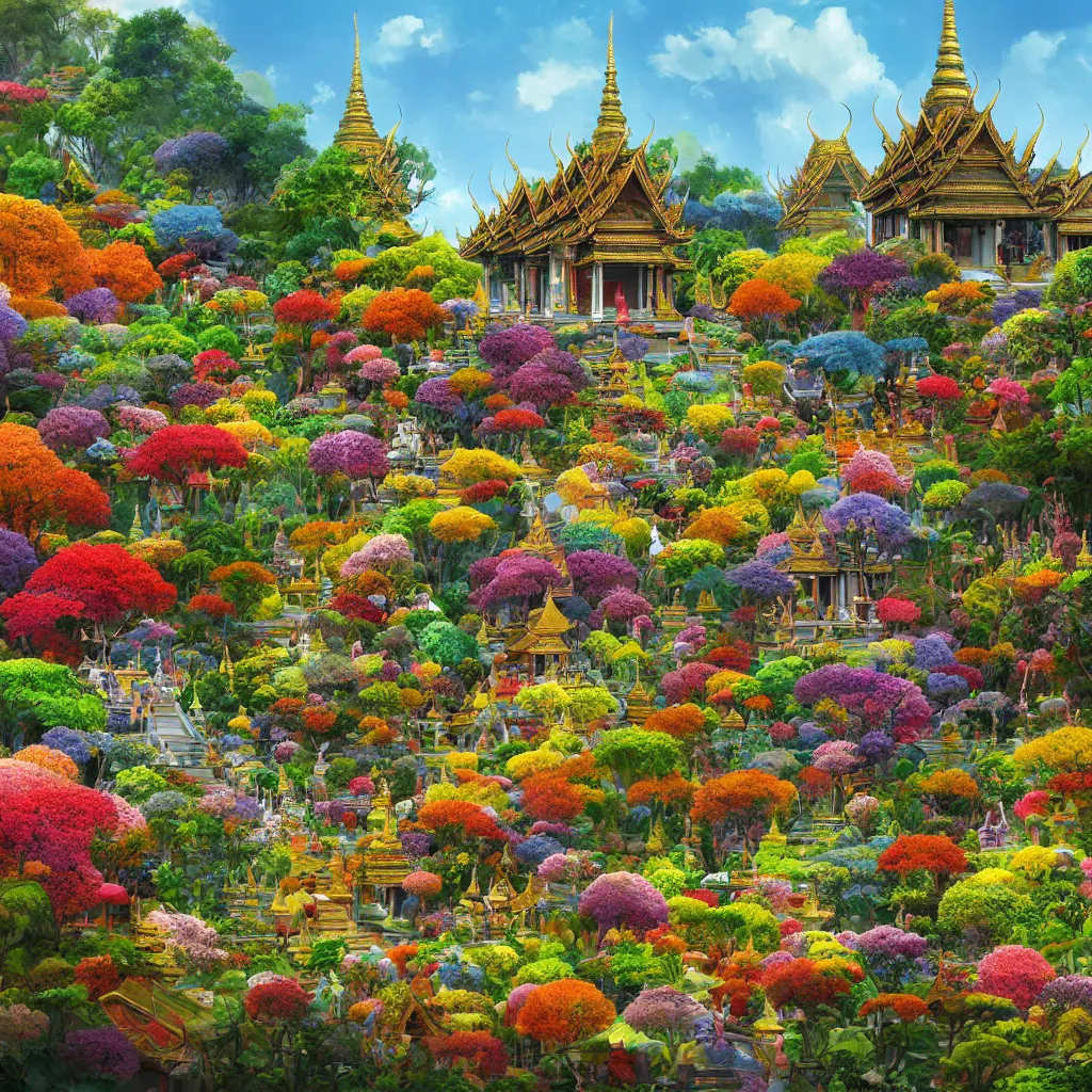 Prompt: summer morning, thai temple, rolling mountain, very coherent and colorful high contrast, art by gediminas pranckevicius, geof darrow, dark shadows, hard lighting, flowers garden